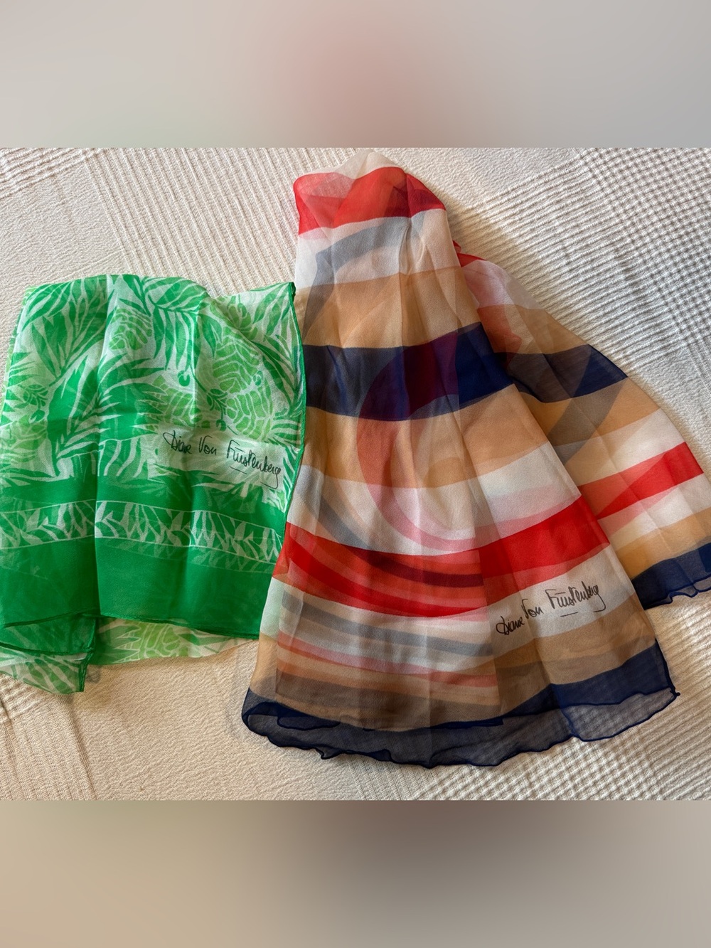 2 Diane Von Furstenberg Vintage Silk Multi-Stripe and Green Print Summer Scarves